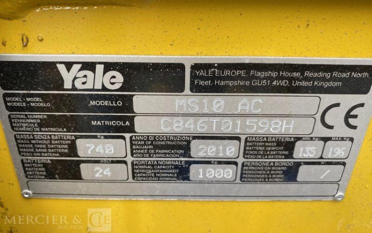 YALE GERBEUR ELECTRIQUE MS10AC CAPACITE 1T – HAUTEUR DE LEVAGE 3,20M JAUNE 1598H