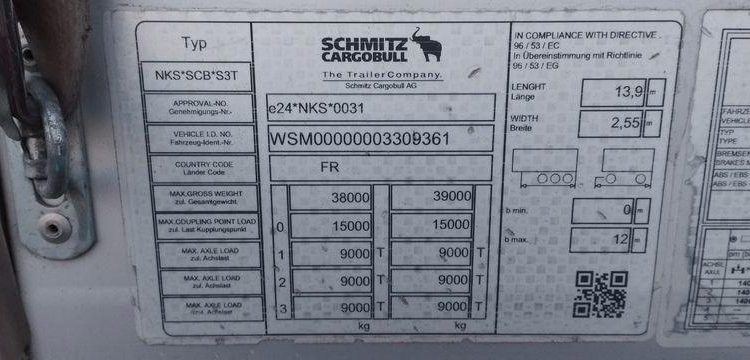 SCHMITZ SEMI REMORQUE BACHEE SCHMITZ SCS 24L  – 3 ESSIEUX – PTAC : 38 TONNES  FA-767-GQ