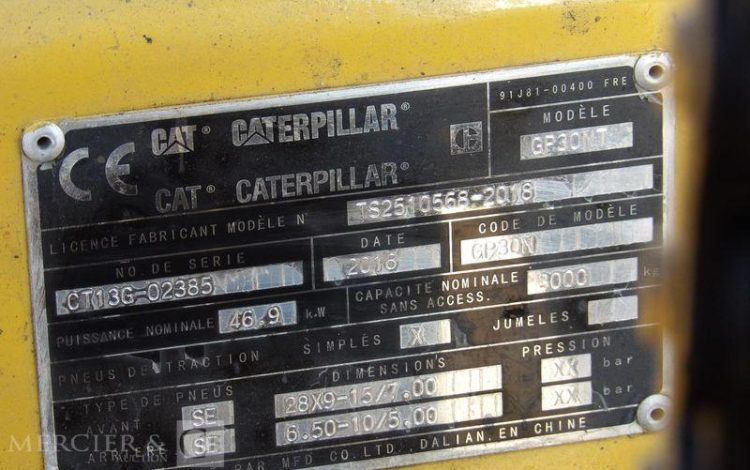 CATERPILLAR CHARIOT ELEVATEUR FRONTAL GP30NTD A GAZ – 2988 HEURES – ANNEE 2016  G02385